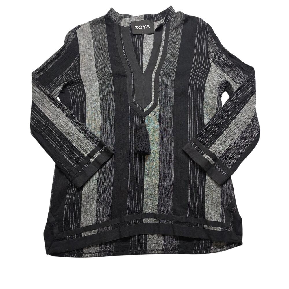SOYA Greece Striped Tassel Tunic Top Blouse Medium Bamboo Cotton Gray